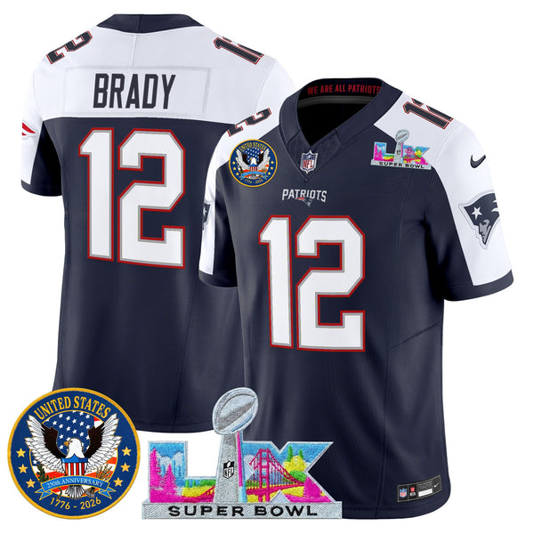 Men's New England Patriots Super Bowl LX & United States 250th Patch Vapor Limited Jersey - All Stitched - Navy Alternate - Tom Brady — view 1