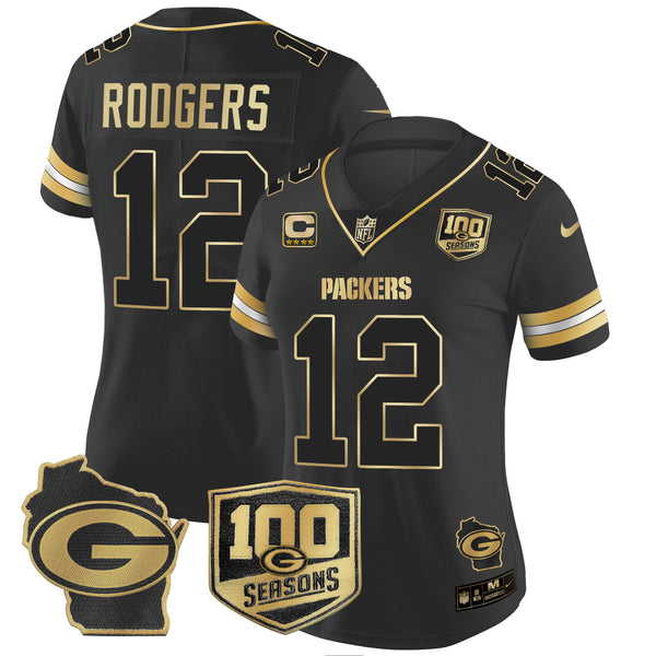 Women's Packers 100th Season & Home Patch Gold Vapor Limited Jersey – All Stitched - Black Gold - Aaron Rodgers — view 1