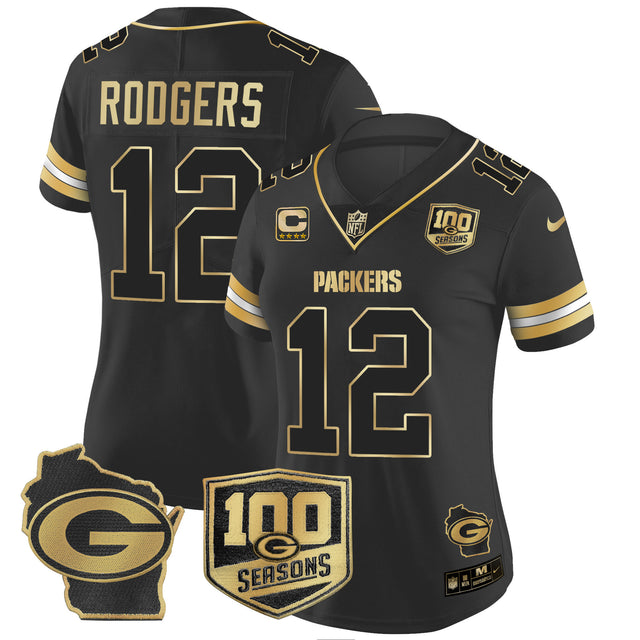 Women's Packers 100th Season & Home Patch Gold Vapor Limited Jersey – All Stitched - Black Gold - Aaron Rodgers — view 1