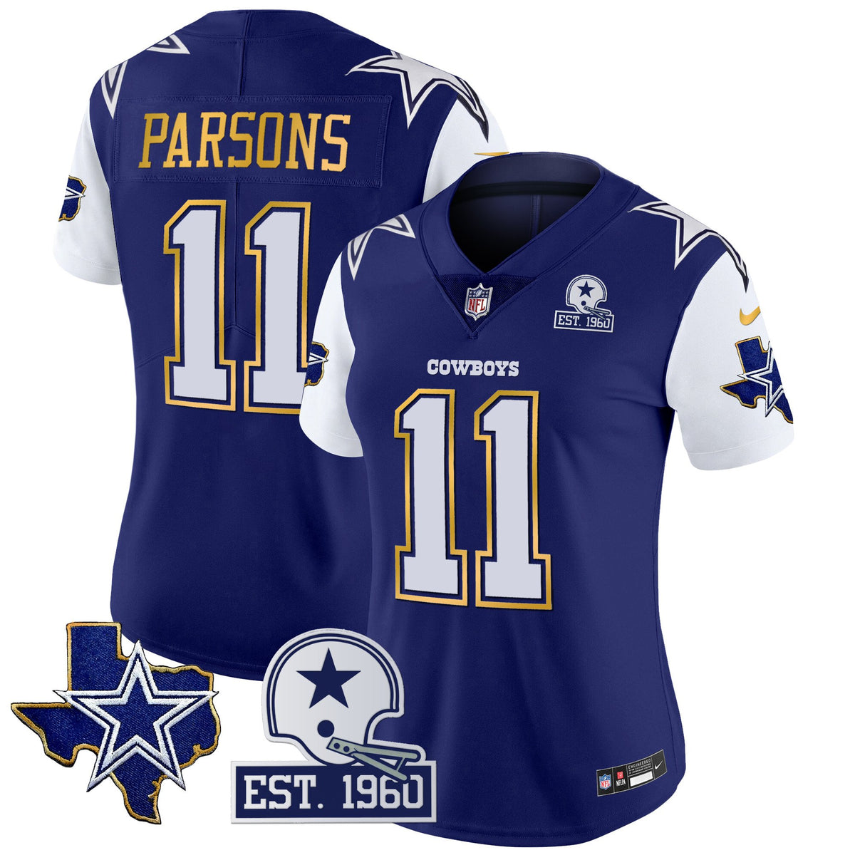 Women's Cowboys Texas Patch Gold Trim Vapor Jersey - All Stitched - Royal - Micah Parsons — view 1