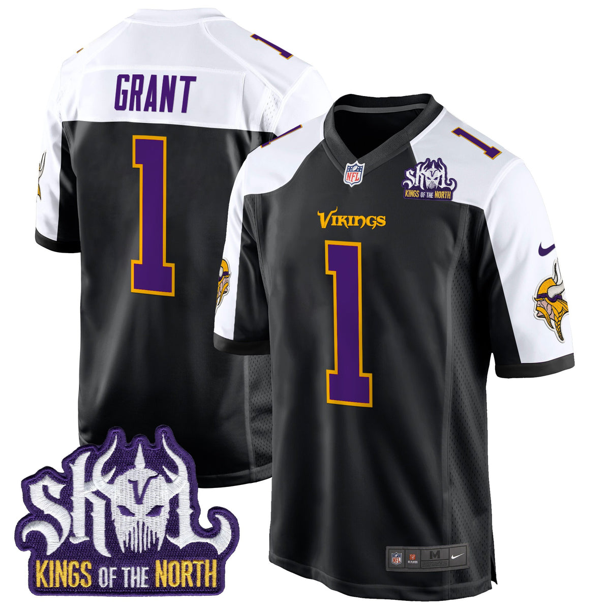 Men's Minnesota Vikings King Of The North Patch Throwback Game Jersey - All Stitched - Black Alternate - Bud Grant — view 1