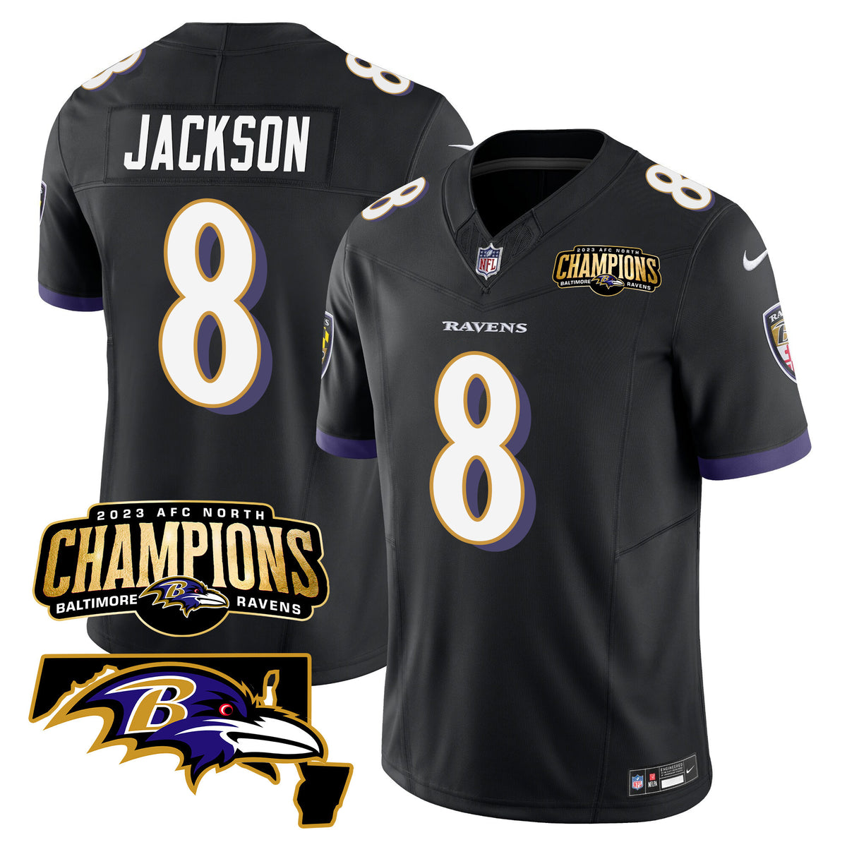 Men's Ravens 2023 AFC North Champions & Maryland Patch Vapor Jersey - All Stitched - Black - Lamar Jackson — view 1
