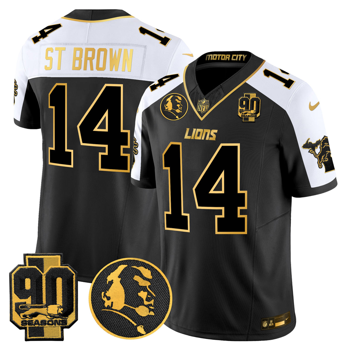 Men's Detroit Lions 2024 90th & John Madden Patch Gold Vapor Limited Jersey - All Stitched - Alternate - St. Brown — view 1