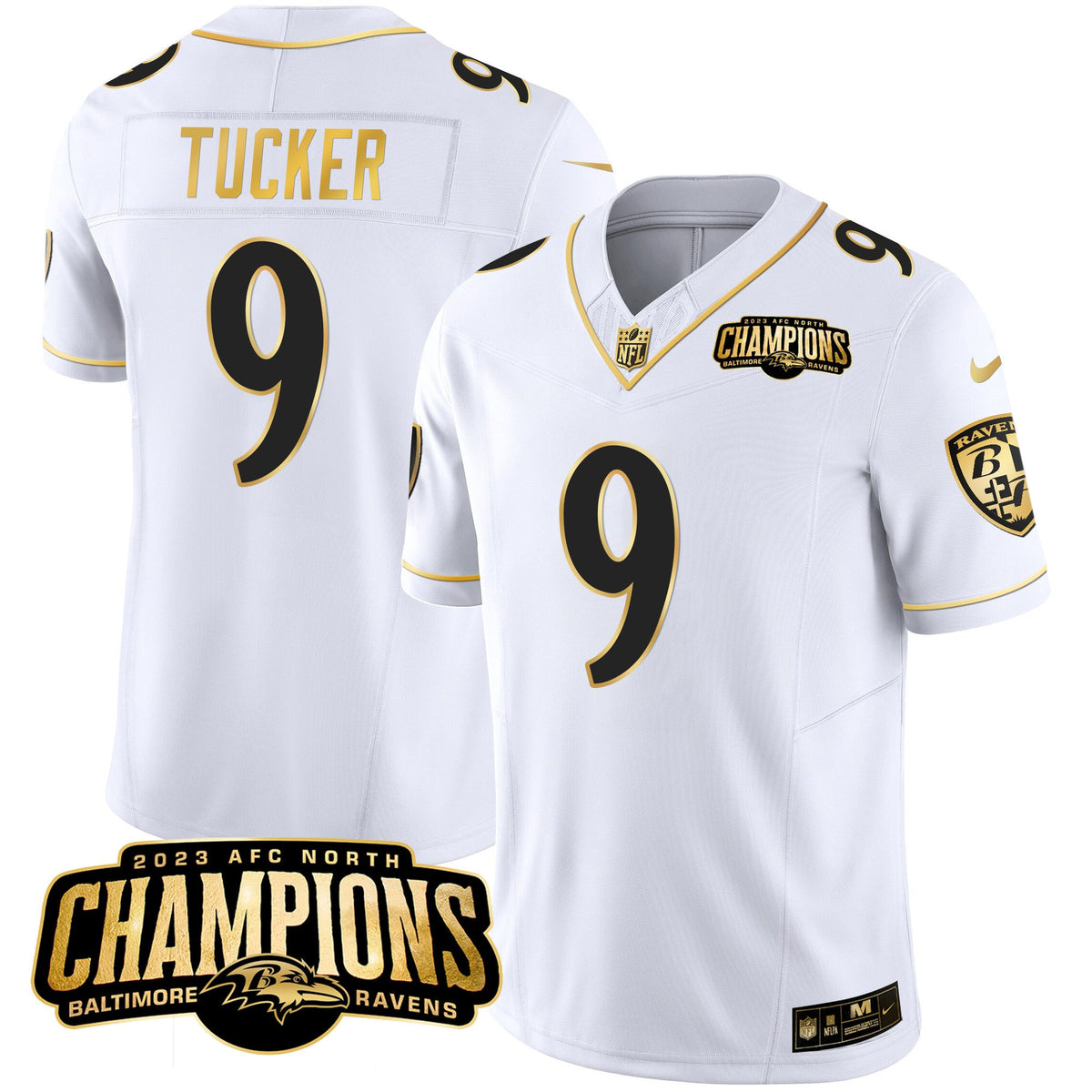 Men's Ravens 2023 AFC North Champions Patch Gold Vapor Jersey - All Stitched - White Gold - Justin Tucker — view 1
