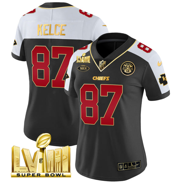 Women's Chiefs Super Bowl LVIII Gold Patch Vapor Jersey V2- All Stitched - Black Alternate - Travis Kelce — view 1