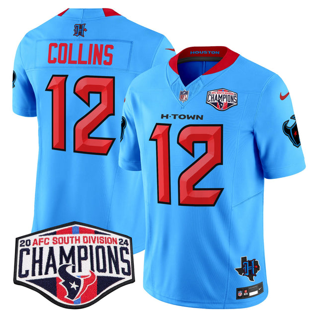 Men's Houston Texans 2024 AFC South Division Champions Patch Vapor Limited Jersey - All Stitched - Blue. - Nico Collins — view 1