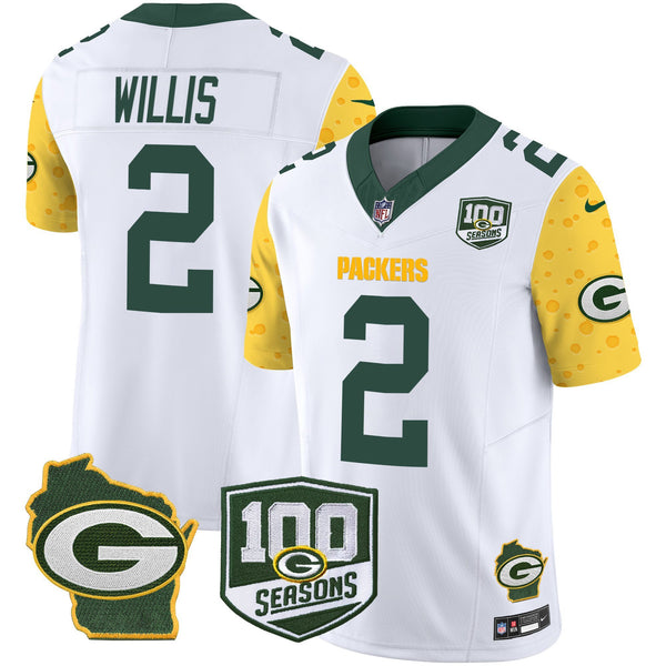 Men's Packers 100th Season & Home Patch Cheese Vapor Limited Jersey – All Stitched - White - Malik Willis — view 1