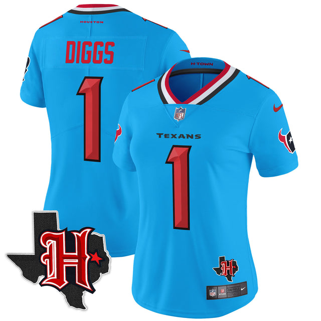 Women's Houston Texans 2024 Texas Patch Vapor Limited Jersey V5 - All Stitched - Blue - Stefon Diggs — view 1