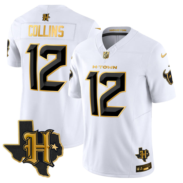 Men's Houston Texans 2024 Texas Patch Gold Vapor Limited Jersey - All Stitched - White Gold - Nico Collins — view 1