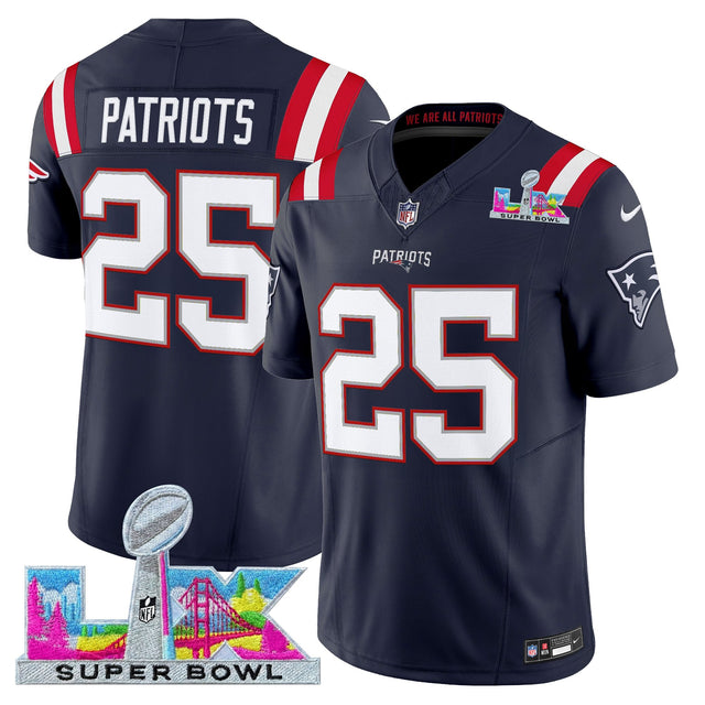Men's New England Patriots Super Bowl LX Vapor Limited Jersey - All Stitched - Navy - #25 Patriots — view 1