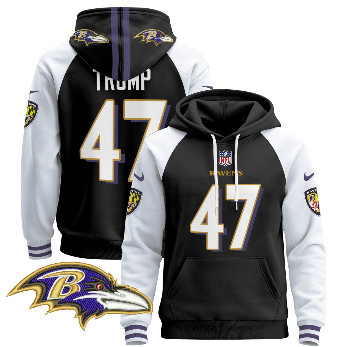Men's Baltimore Ravens 2024 Pullover Hoodie V4 - All Stitched - Black Alternate - Donald Trump — view 1