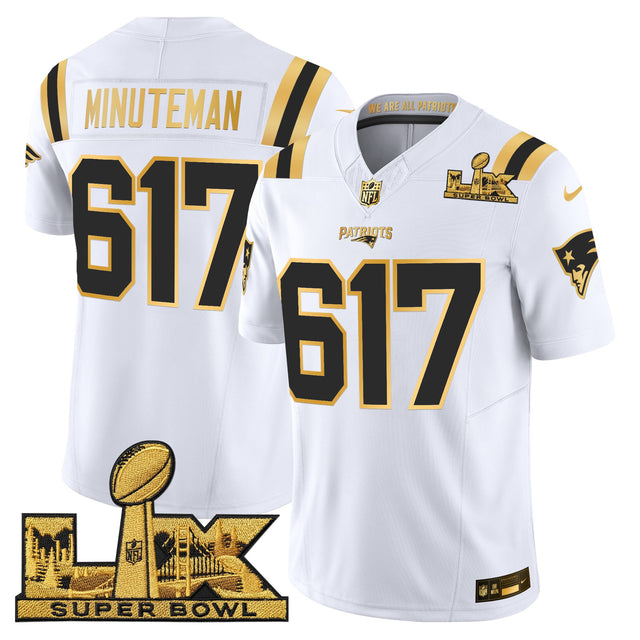 Men's New England Patriots Super Bowl LX Gold Vapor Limited Jersey - All Stitched - White Gold - Minuteman 617 — view 1