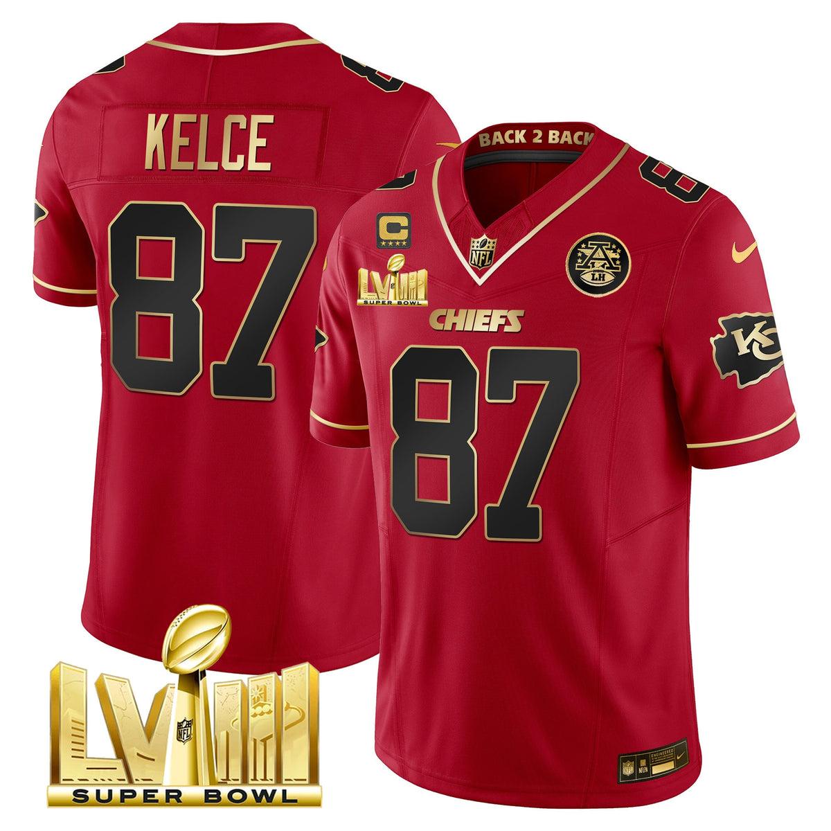 Men's Chiefs Super Bowl LVIII & Back 2 Back Gold Patch Vapor Jersey V5 - All Stitched - Red Special - Travis Kelce — view 1