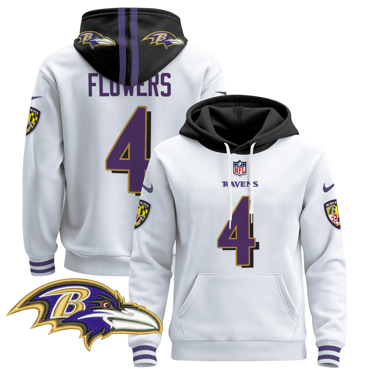 Men's Baltimore Ravens 2024 Pullover Hoodie V4 - All Stitched - White - Zay Flowers — view 1