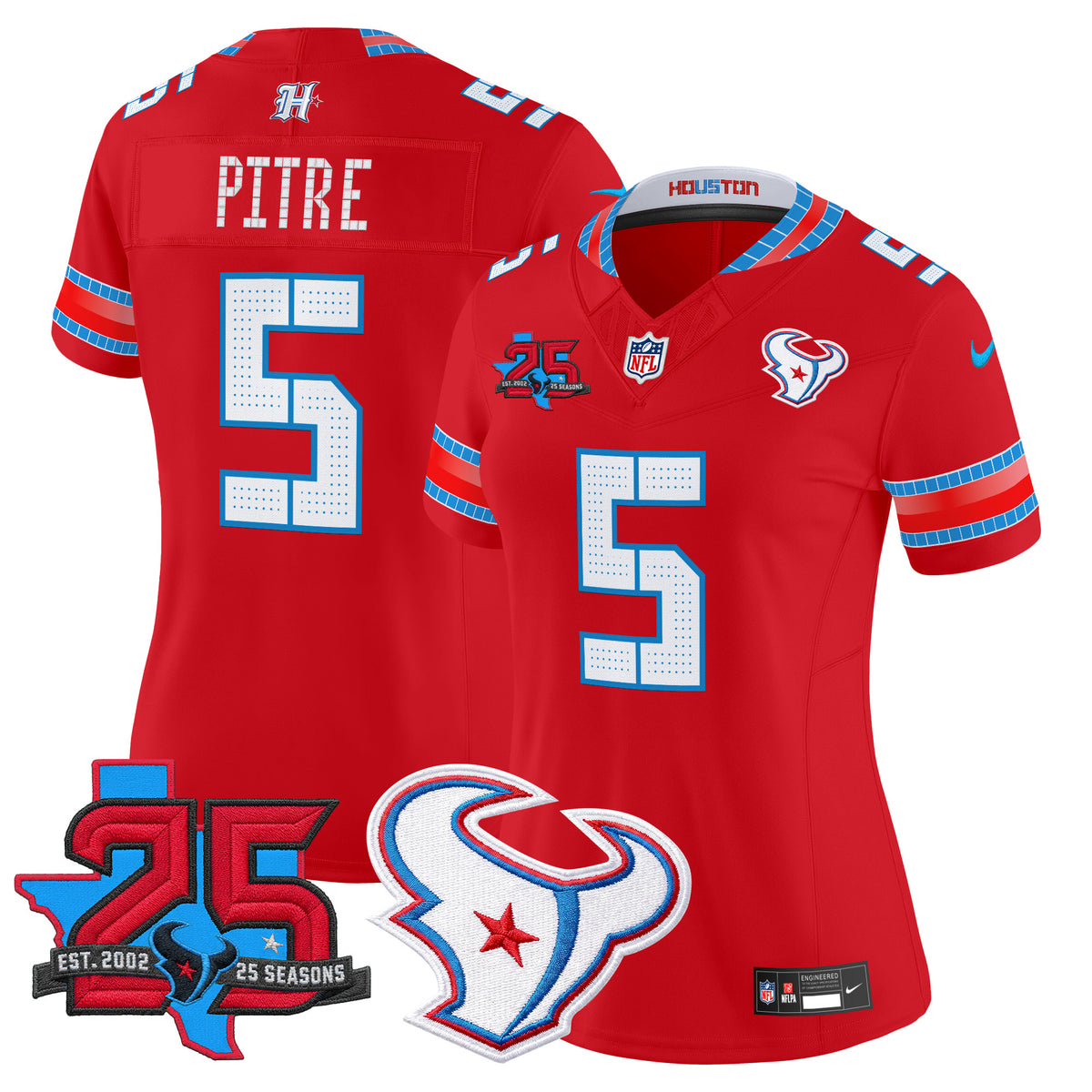 Women's Houston Texans 2026 Rivalries Vapor Limited Jersey - 25th Year Anniversary Patch - All Stitched - Red - Jalen Pitre — view 1