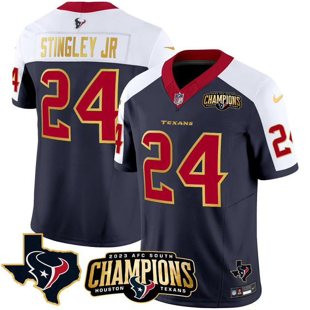 Men's Houston Texans 2023 AFC South Champions Patch Gold Trim Vapor Jersey - All Stitched - Alternate - Derek Stingley Jr — view 1