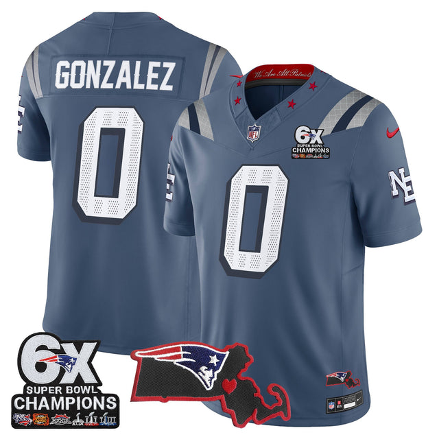Men's New England Patriots 6-Time Champions & Massachusetts Patch Vapor Limited Jersey - All Stitched - Storm Blue - Christian Gonzalez — view 1