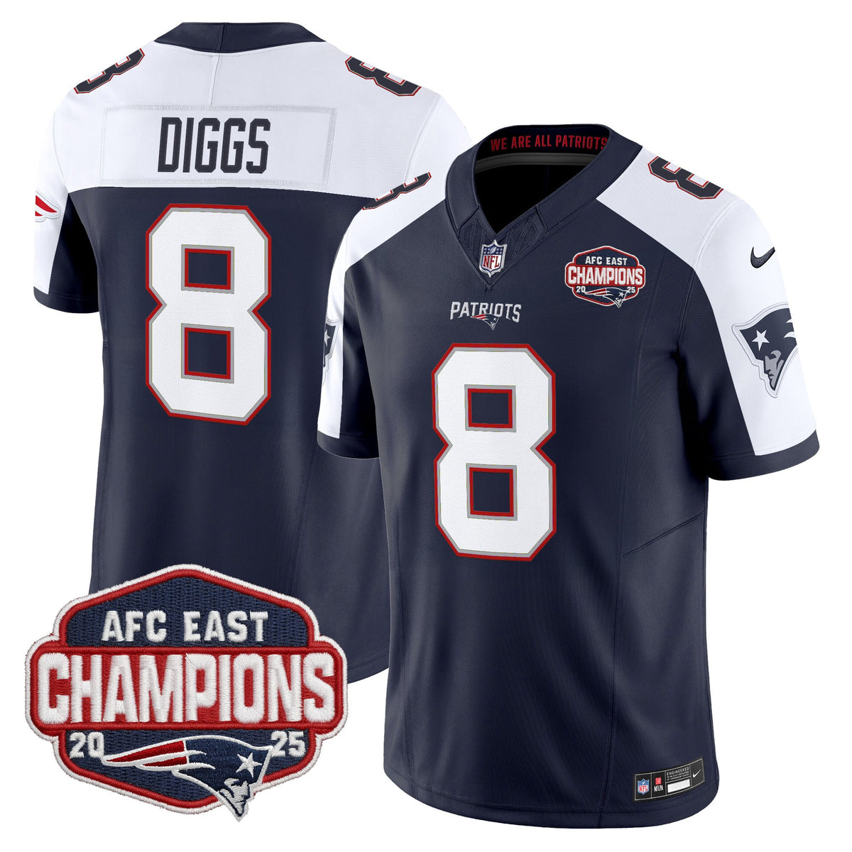 Men's New England Patriots 2025 AFC East Division Champions Vapor Limited Jersey - All Stitched - Navy Alternate - Stefon Diggs — view 1