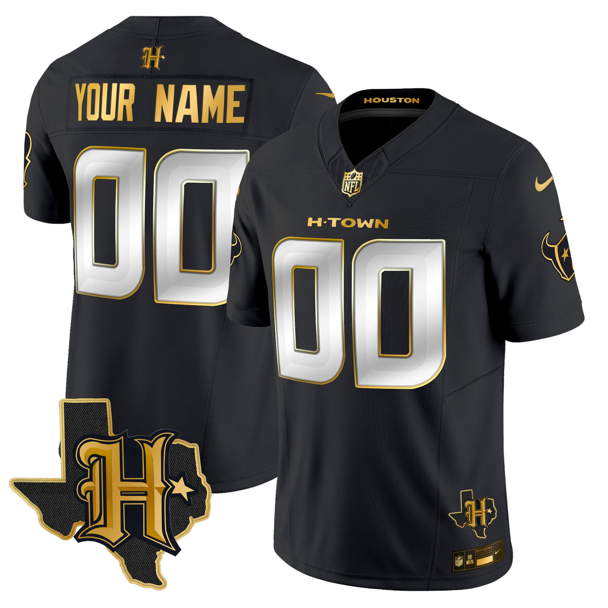 Houston Texans 2025 Texas Patch Gold Vapor Limited Custom Jersey - All Stitched - Black Limited — view 1