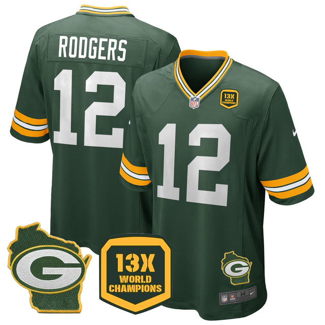 Men's Packers 13 Time World Champions & Home Patch Game Jersey – All Stitched - Green - Aaron Rodgers — view 1