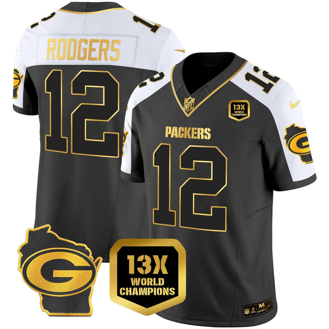 Men's Packers 13 Time World Champions & Home Patch Gold Vapor Jersey – All Stitched - Alternate - Aaron Rodgers — view 1