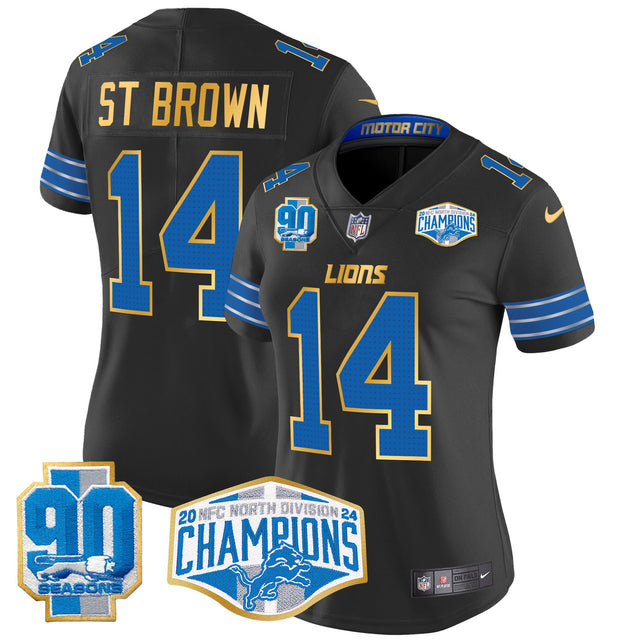Women's Detroit Lions 2024 NFC North Division Champions Patch Gold Trim Vapor Limited Jersey - All Stitched - Black - St. Brown — view 1