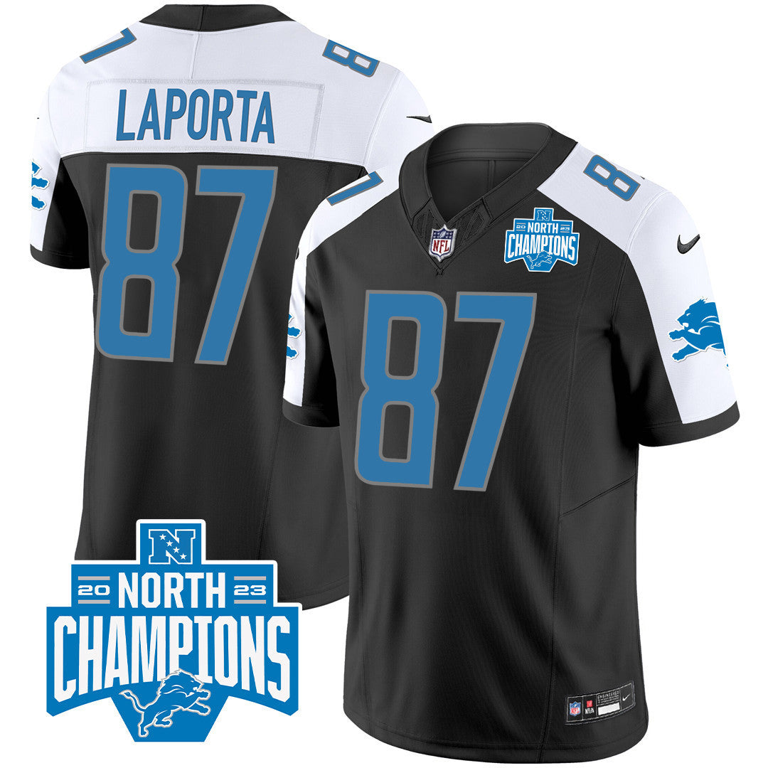 Men's Detroit Lions 2023 NFC North Division Champions Patch Vapor Jersey - All Stitched - Black Alternate - Sam Laporta — view 1