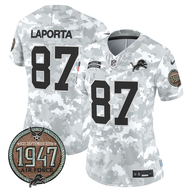 Women's Detroit Lions 2024 Salute to Service Establishment Year Patch Vapor Limited Jersey - All Stitched - Air Force - Sam Laporta — view 1