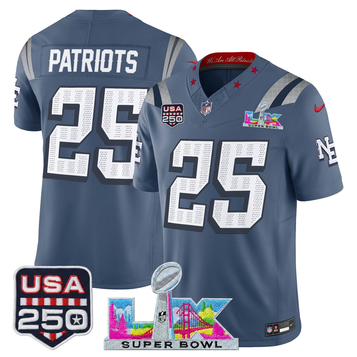 Men's New England Patriots Super Bowl LX & United States 250th Anniversary Patch Vapor Limited Jersey - All Stitched - Storm Blue - #25 Patriots — view 1