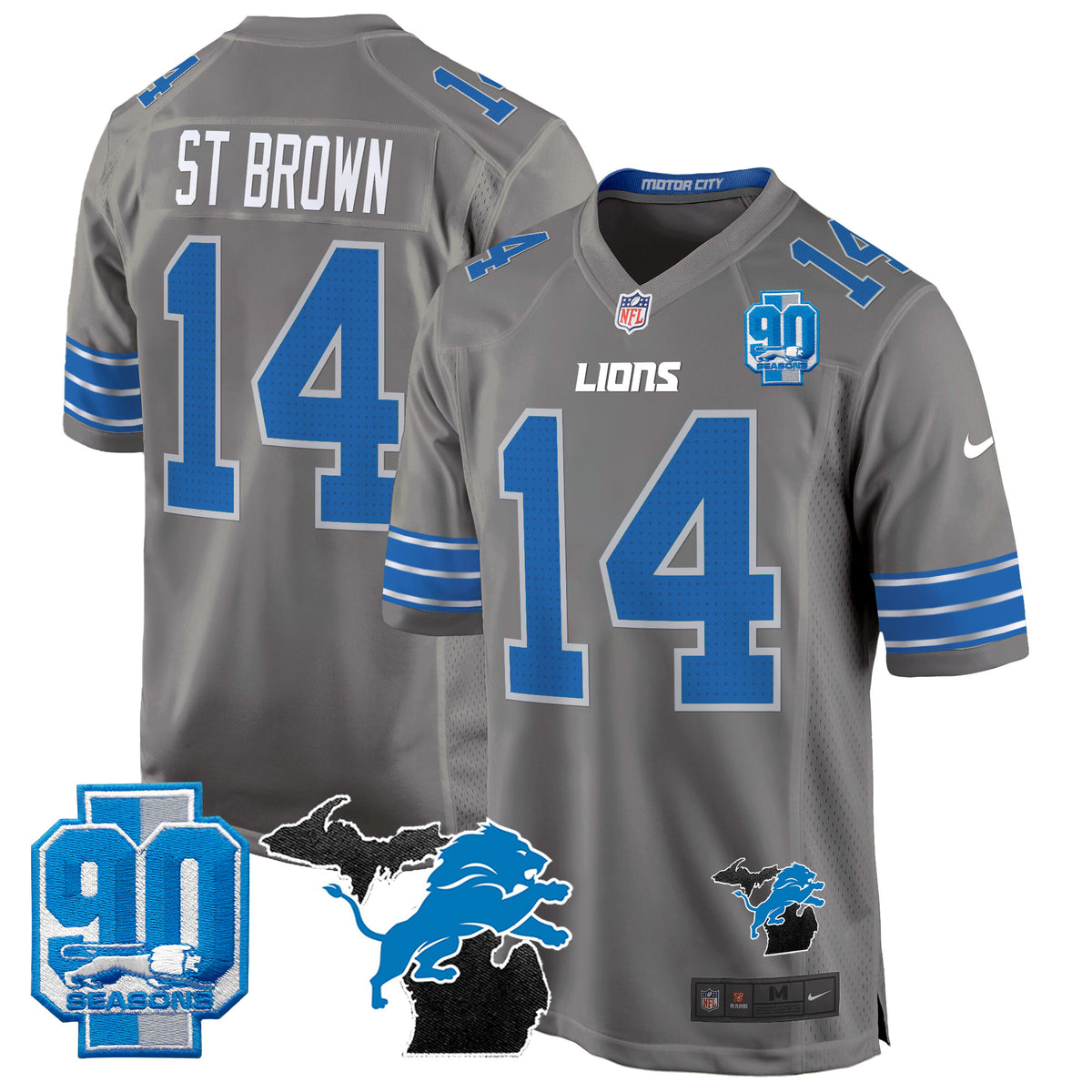Men's Detroit Lions 2024 Michigan & 90th Year Patch Game Jersey - All Stitched - Gray - St. Brown — view 1