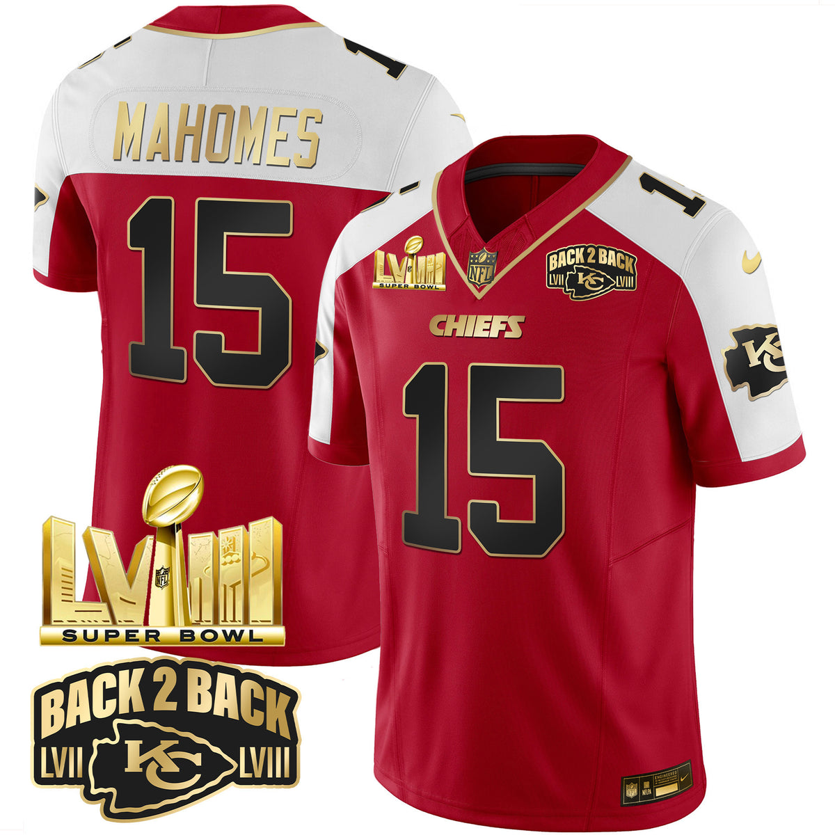 Men's Chiefs Super Bowl LVIII & Back 2 Back Gold Patch Vapor Jersey - All Stitched - Red Alternate - Patrick Mahomes — view 1