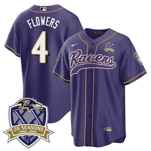 Men's Ravens 20th Season Patch Baseball Jersey - All Stitched - Purple - Zay Flowers — view 1