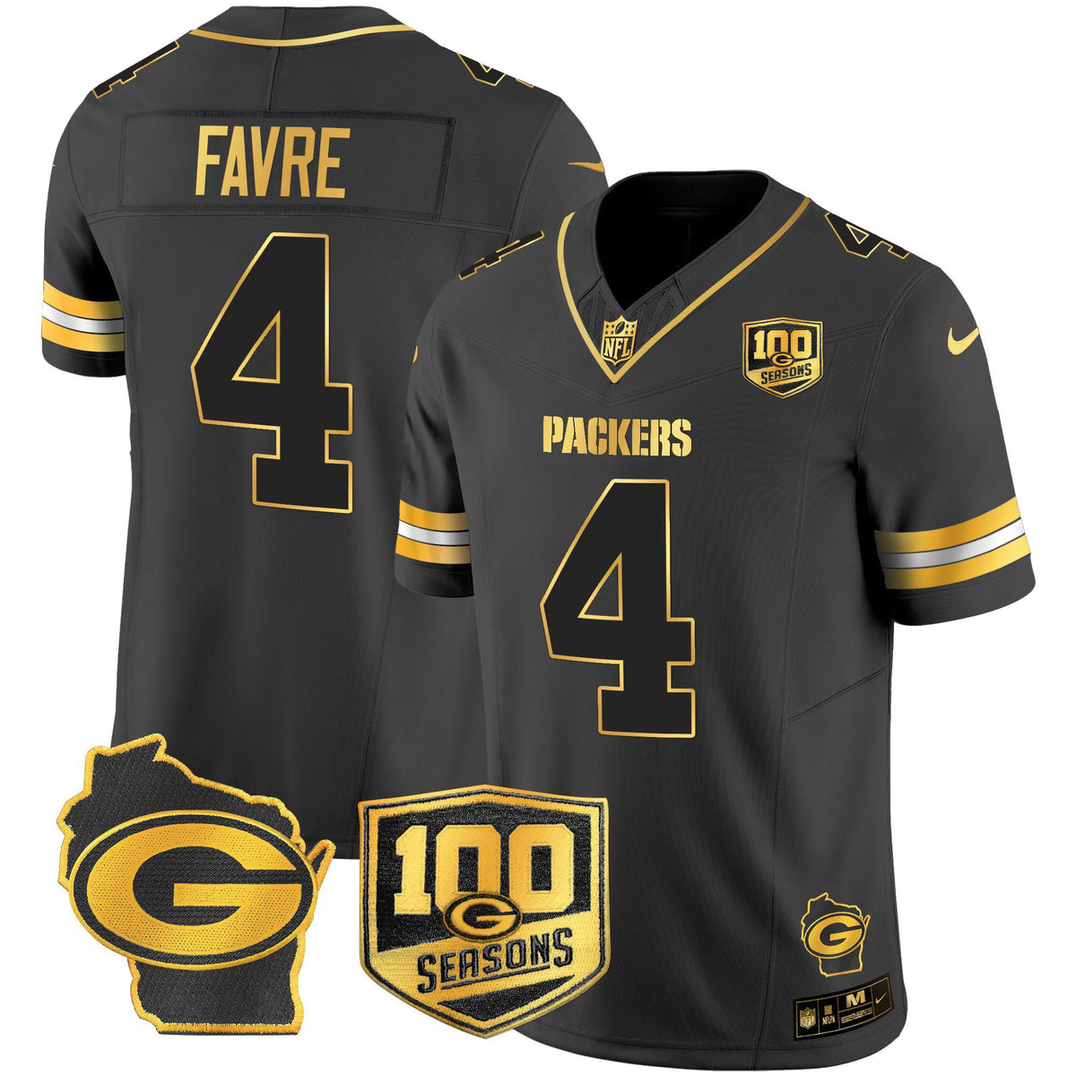 Men's Green Bay Packers 100th Season & Home Patch Gold Vapor Limited Jersey – All Stitched - Black Gold - Brett Favre — view 1