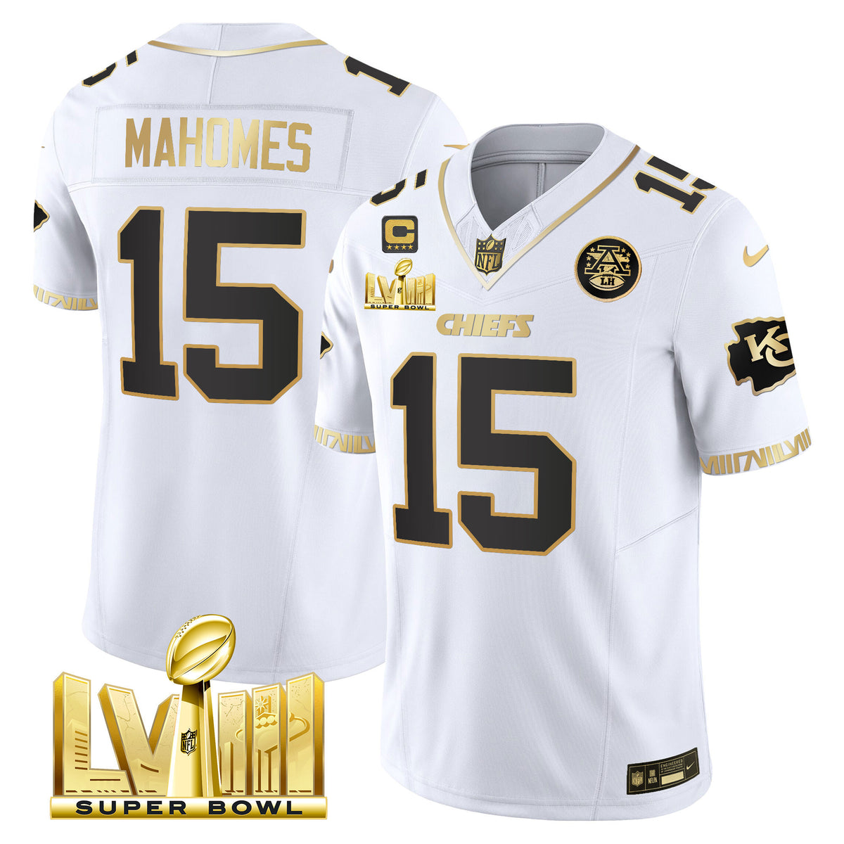 Men's Chiefs Super Bowl LVIII Pattern Gold Vapor Jersey - All Stitched - White Gold - Patrick Mahomes — view 1