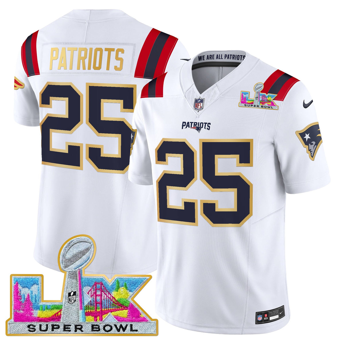 Men's New England Patriots Super Bowl LX Gold Trim Vapor Limited Jersey - All Stitched - White - #25 Patriots — view 1