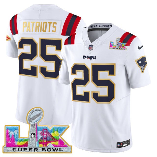Men's New England Patriots Super Bowl LX Gold Trim Vapor Limited Jersey - All Stitched - White - #25 Patriots — view 1
