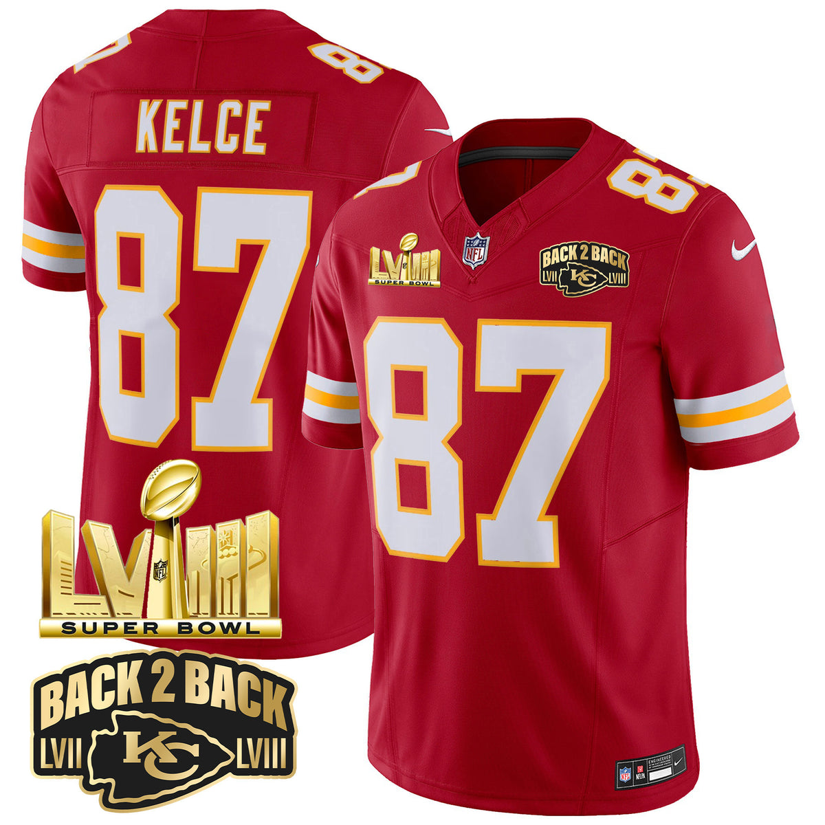 Men's Chiefs Super Bowl LVIII & Back 2 Back Gold Patch Vapor Jersey - All Stitched - Red - Travis Kelce — view 1