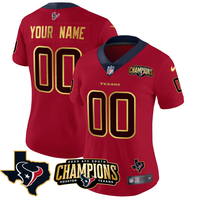 Houston Texans 2023 AFC South Champions Patch Gold Trim Vapor Custom Jersey - All Stitched - Red — view 1
