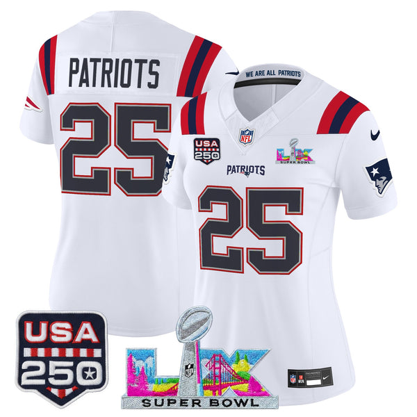 Women's New England Patriots Super Bowl LX & United States 250th Anniversary Patch Vapor Limited Jersey - All Stitched - White - #25 Patriots — view 1