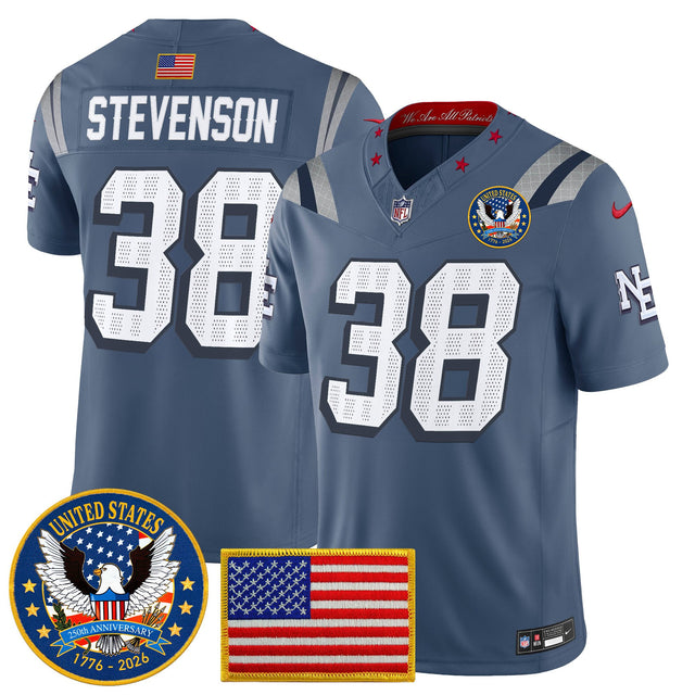 Men's New England Patriots United States 250th Anniversary Patch Vapor Limited Jersey - All Stitched - Storm Blue - Rhamondre Stevenson — view 1