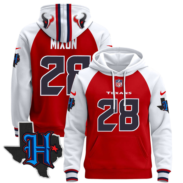 Men's Houston Texans 2024 Pullover Hoodie - All Stitched - Red Alternate - Joe Mixon — view 1