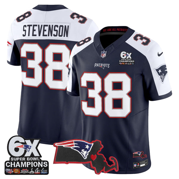 Men's New England Patriots 6-Time Champions & Massachusetts Patch Vapor Limited Jersey - All Stitched - Navy Alternate - Rhamondre Stevenson — view 1