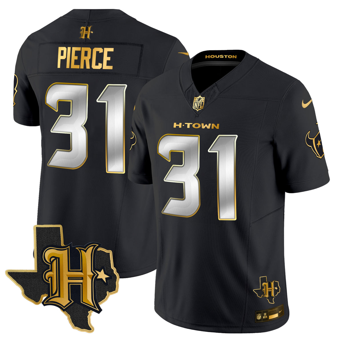 Men's Houston Texans 2024 Texas Patch Gold Vapor Limited Jersey - All Stitched - Black Limited - Dameon Pierce — view 1