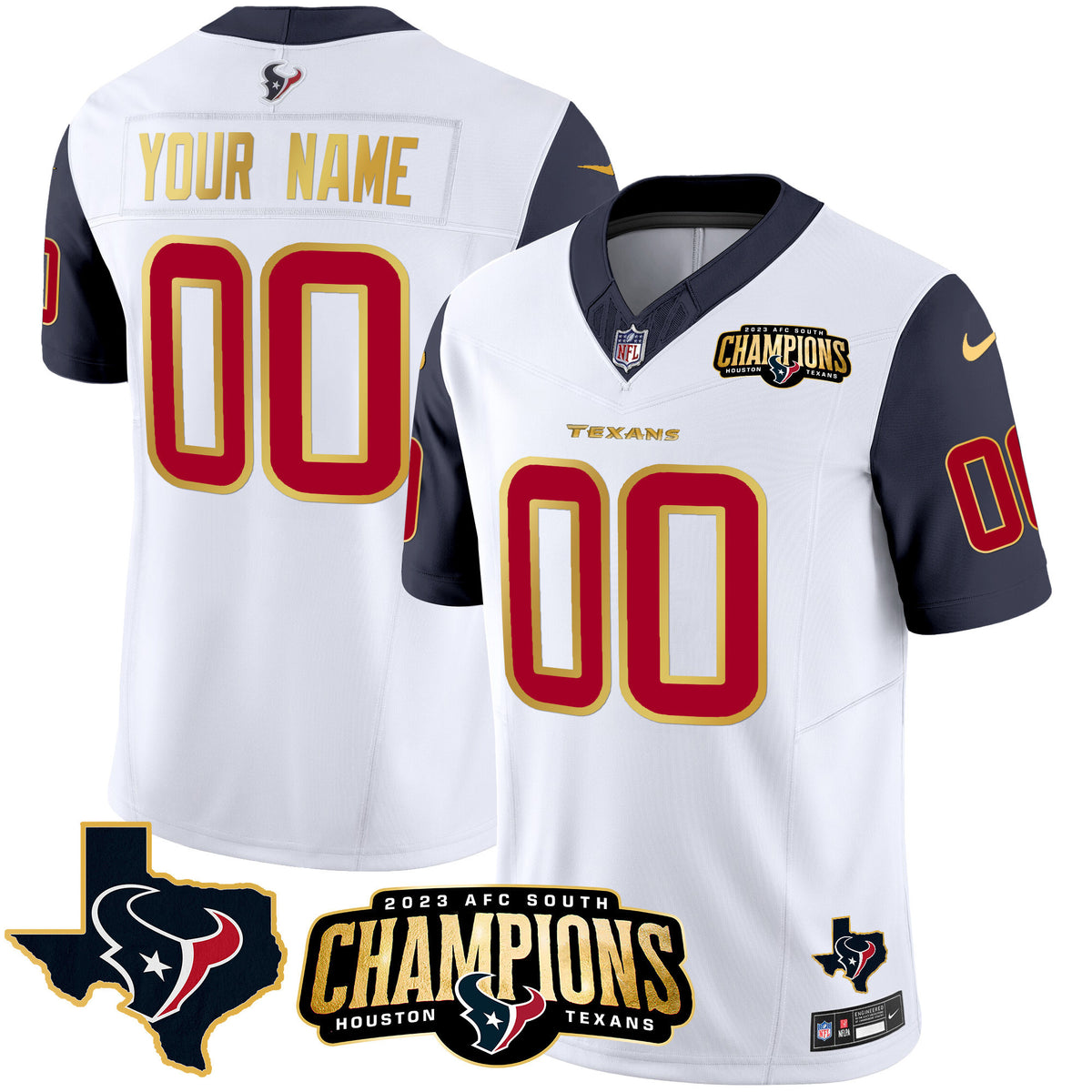 Houston Texans 2023 AFC South Champions Patch Gold Trim Vapor Custom Jersey - All Stitched - Navy Sleeves — view 1
