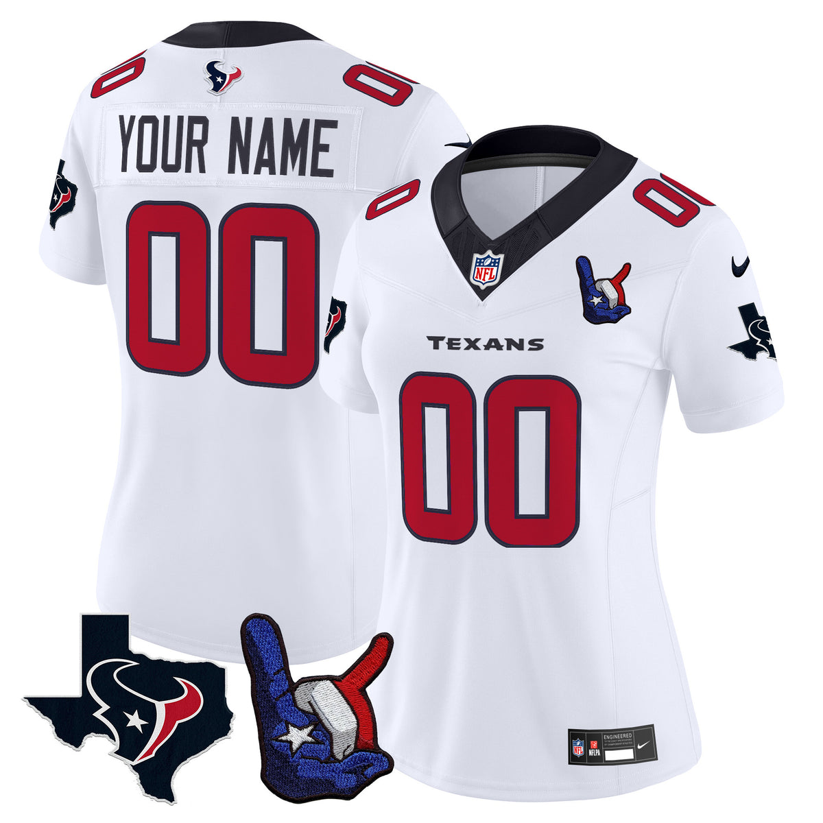 Houston Texans Hand Sign Throwing Up The H Vapor Custom Jersey - All Stitched - White ~0226930 — view 1