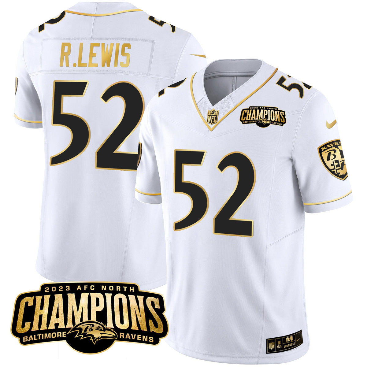 Men's Ravens 2023 AFC North Champions Patch Gold Vapor Jersey - All Stitched - White Gold - Ray Lewis — view 1