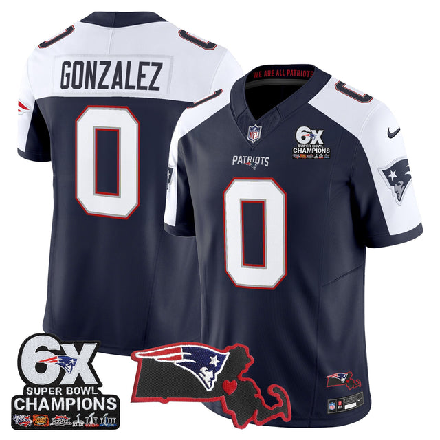 Men's New England Patriots 6-Time Champions & Massachusetts Patch Vapor Limited Jersey - All Stitched - Navy Alternate - Christian Gonzalez — view 1