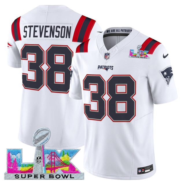 Men's New England Patriots Super Bowl LX Vapor Limited Jersey - All Stitched - White - Rhamondre Stevenson — view 1