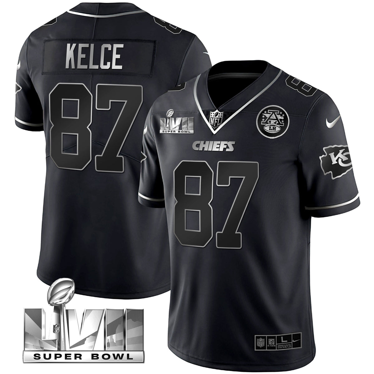 Youth's Chiefs Super Bowl Vapor Gold Jersey - All Stitched - Black Silver - Travis Kelce — view 1