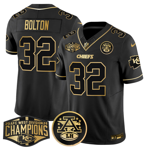 Men's Chiefs 2024 AFC West Division Champions Patch Gold Vapor Limited Jersey - All Stitched - Black Gold - Nick Bolton — view 1